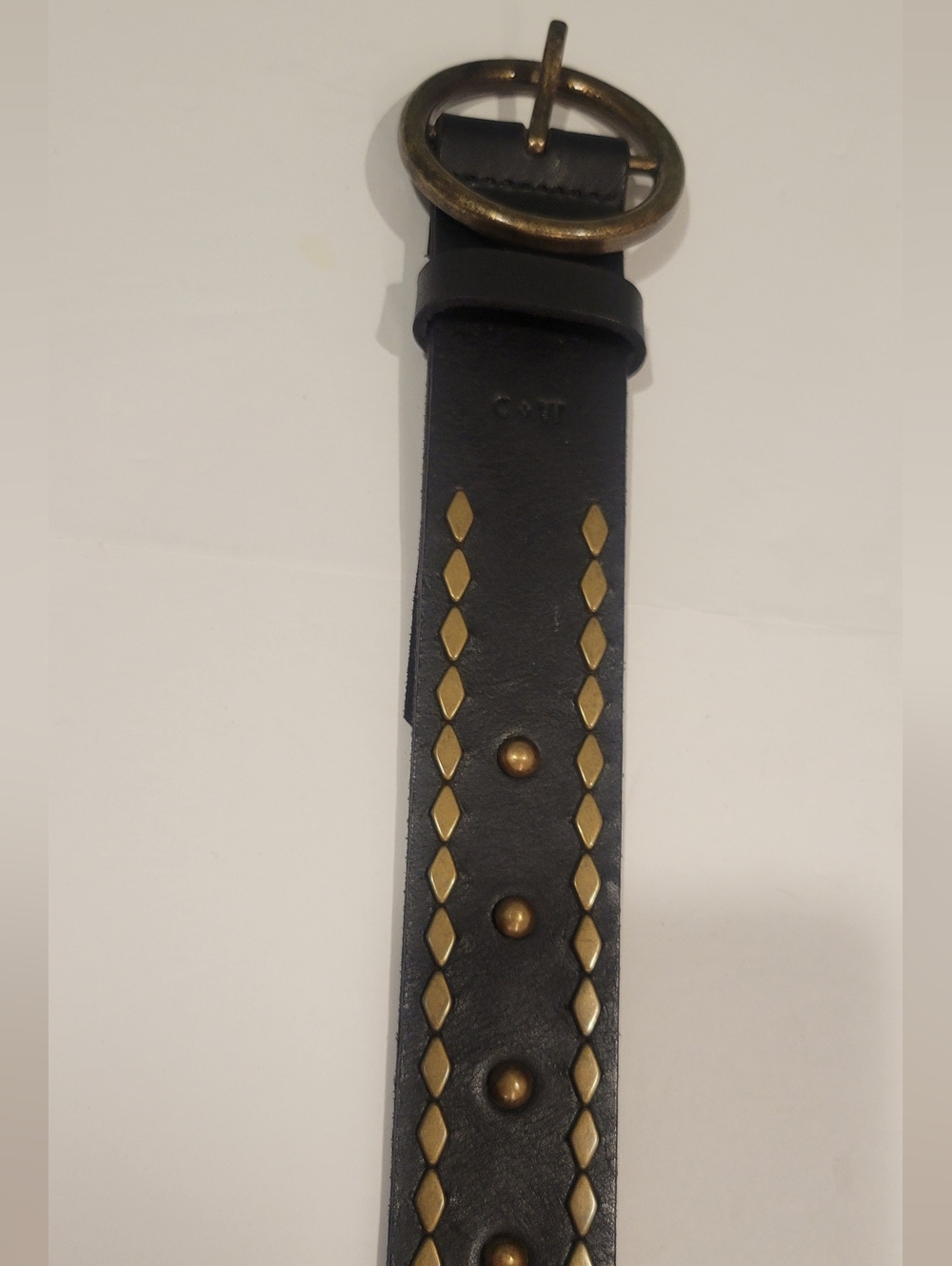 Xl Cleo and Wolf Black Leather Belt with Brass-Tone Studs and Round Buckle